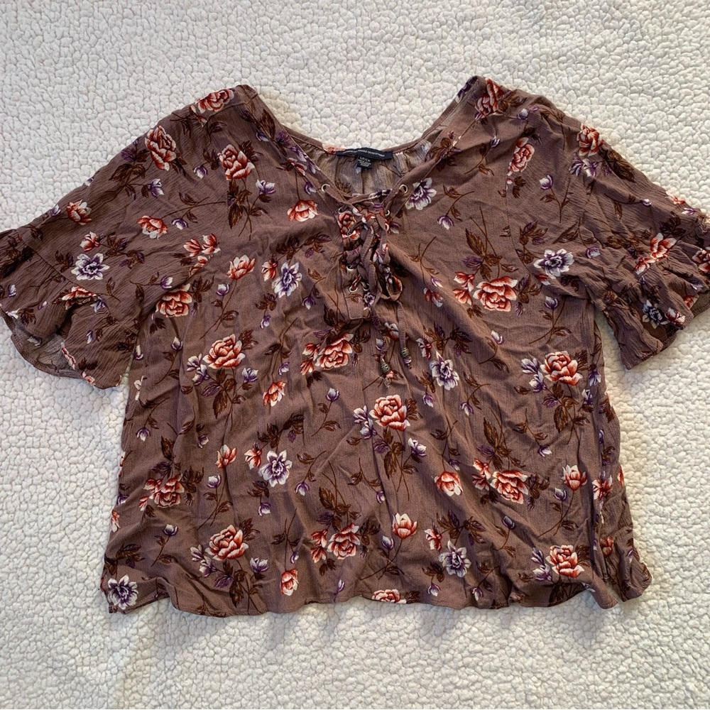 American Eagle Outfitters Mauve-Brown Floral Lace-Up Blouse